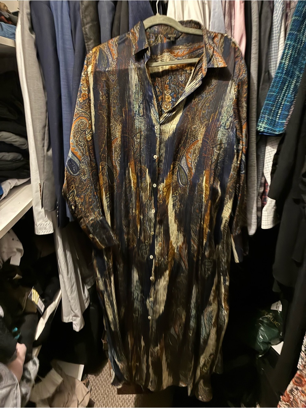 Massimo Dutti Navy and Brown Paisley Maxi Shirt Dress